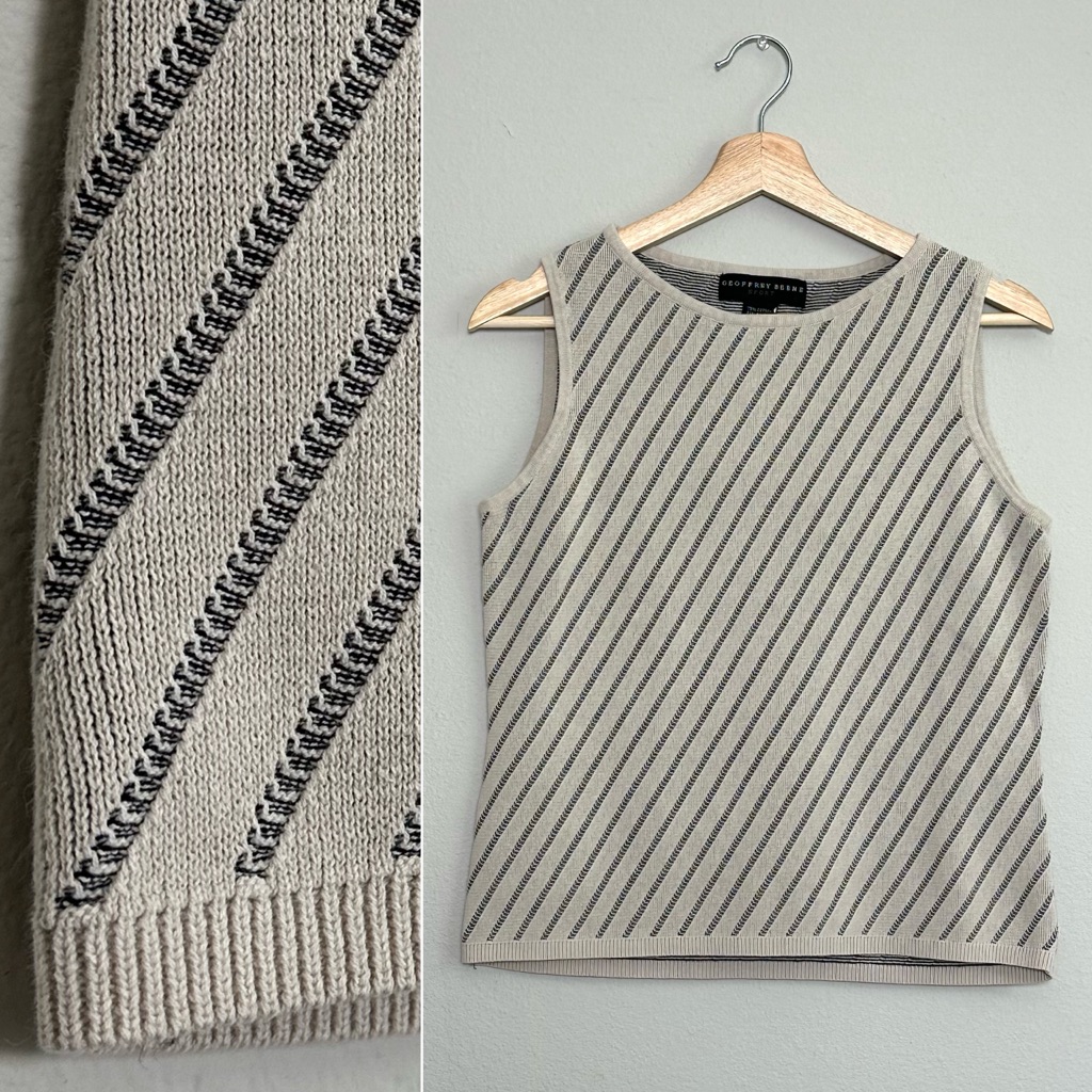 Vtg Geoffrey Beene Cream/Gray And Black Stripe Heavy Knit Luxury Tank Top Medium